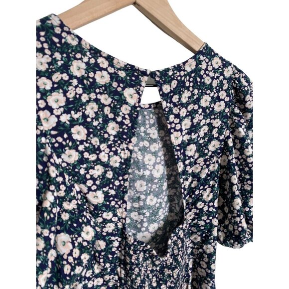 Old Navy Womens Puff Sleeve Midi Dress Size Navy Floral Side Slit Smocked S - Picture 4 of 8